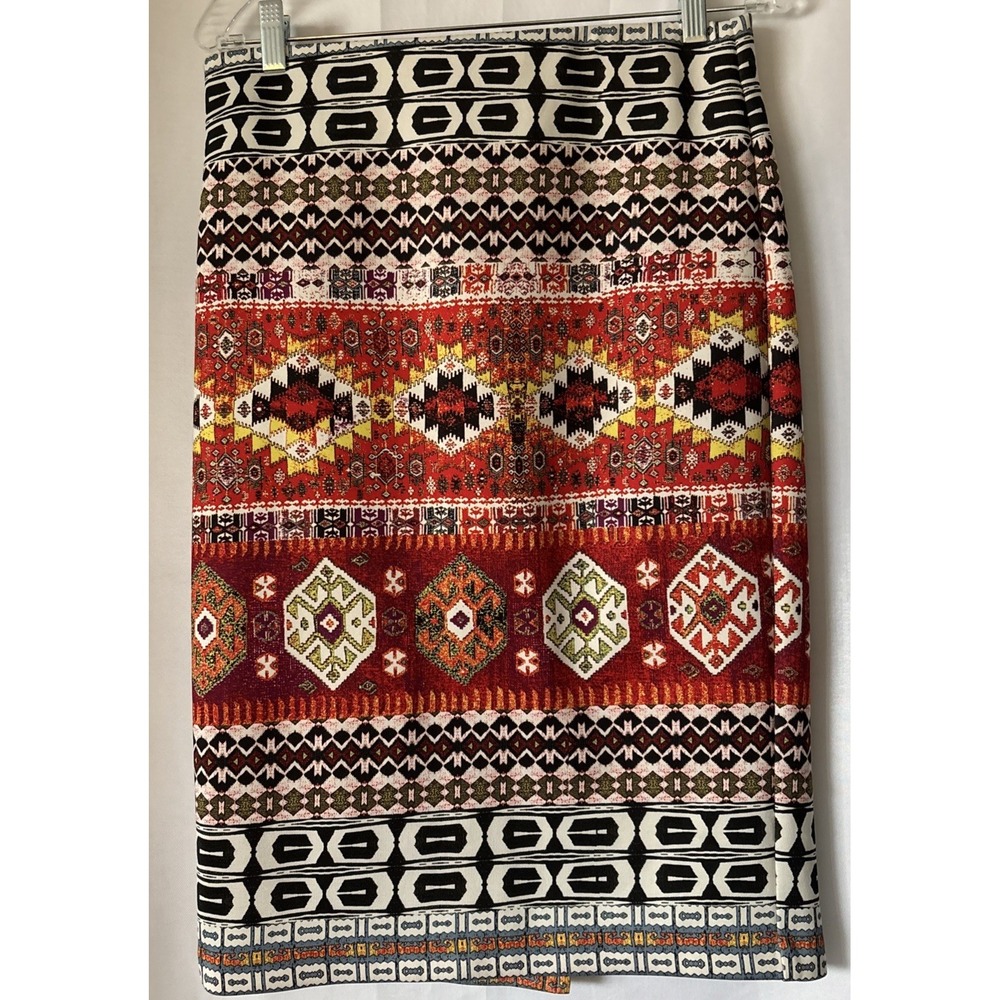 ECI New York Sz Med Pencil Skirt Orange‎ Brown Yellow Aztec Stretch Waist Midi